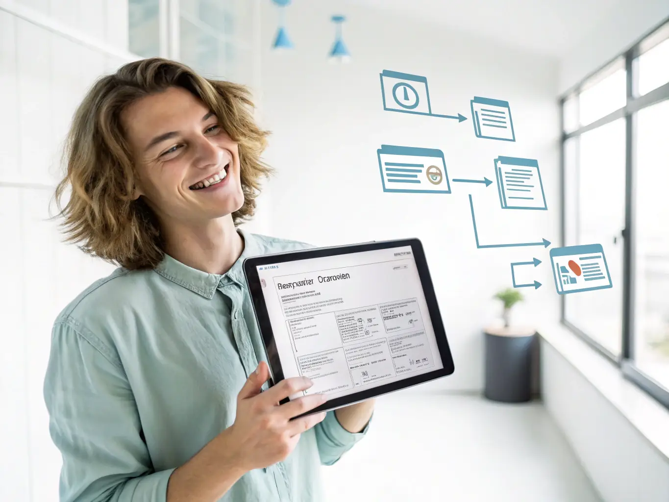 A confident individual reviewing their improved credit report on a digital device, smiling with satisfaction, representing Henrys 5 LLC's credit repair service.