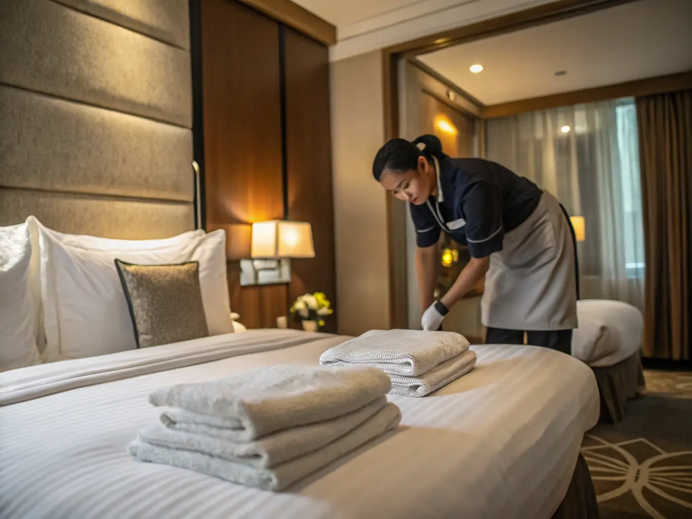 A professional cleaning team in uniform, cleaning a well-prepared Airbnb property with fresh linens and sanitized surfaces, representing Henrys 5 LLC's Airbnb cleaning service.