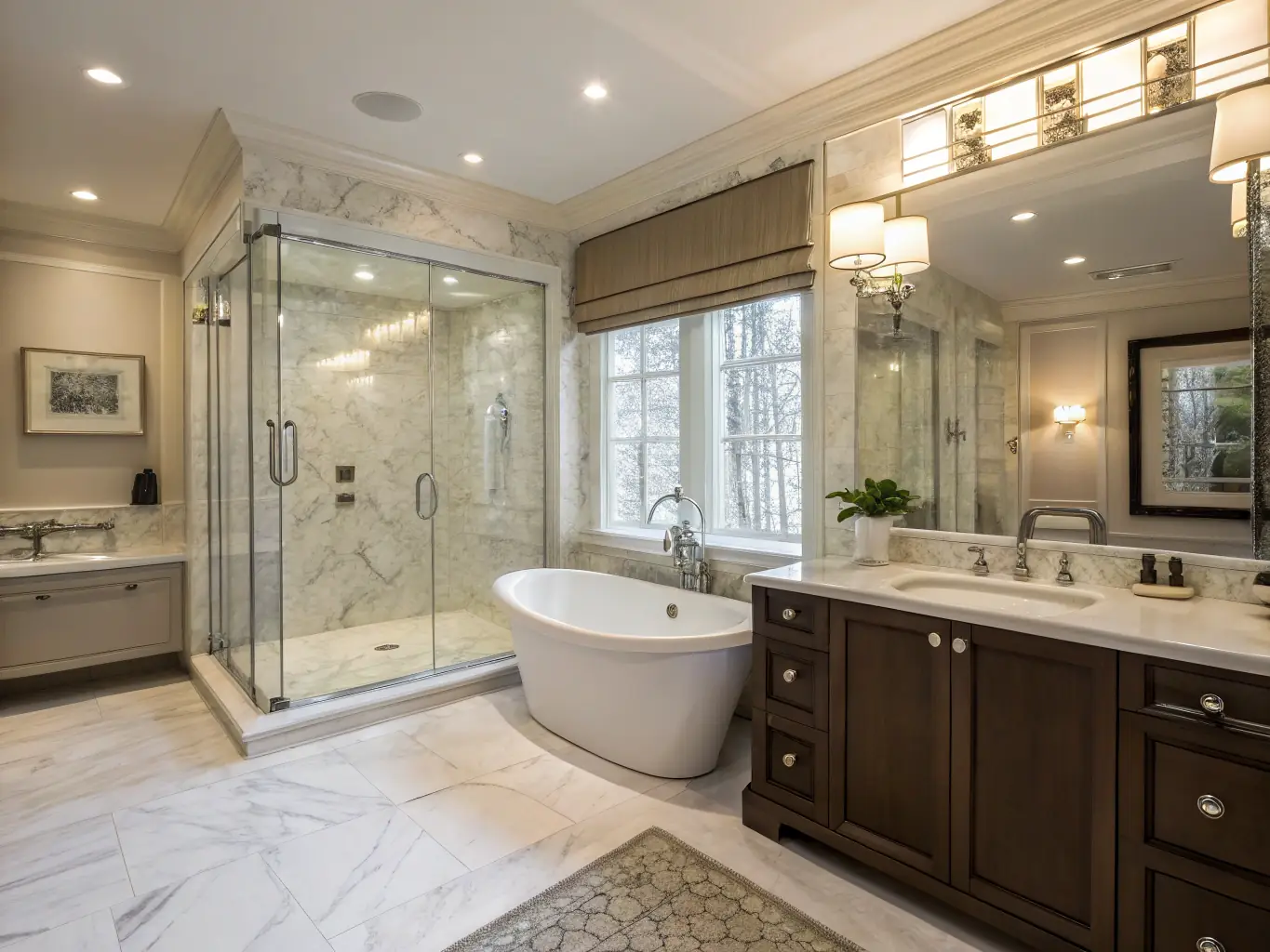 A luxurious bathroom featuring a walk-in shower, soaking tub, and elegant tile work, highlighting Henrys 5 LLC's attention to detail in bathroom renovations.