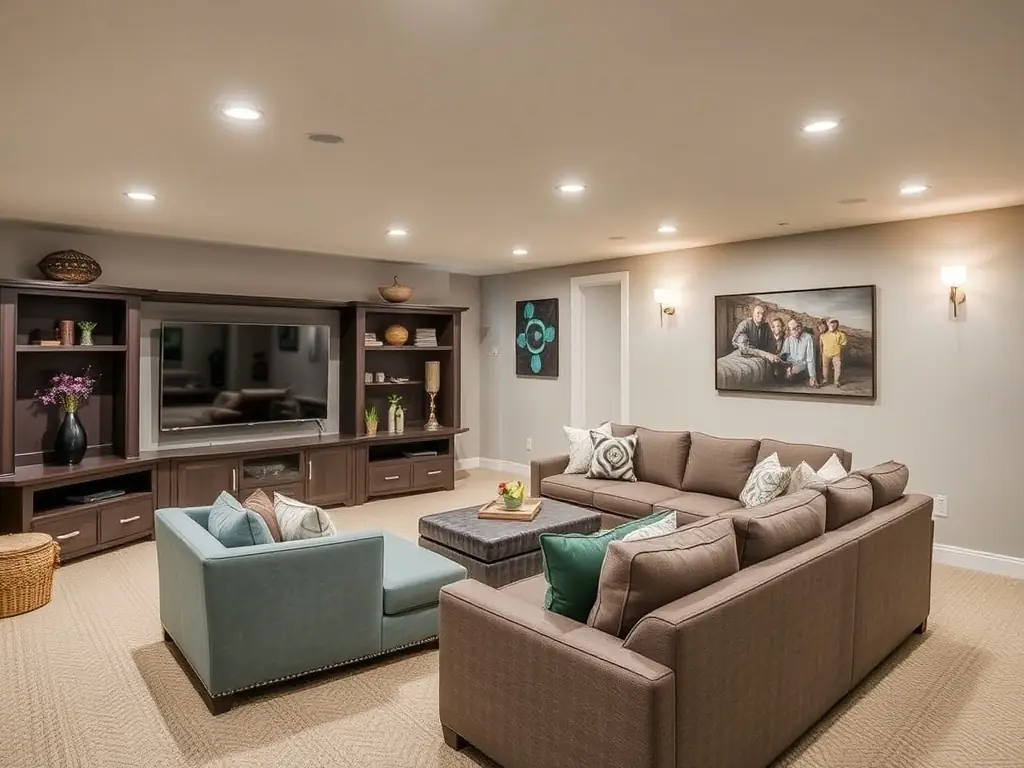 A spacious and well-lit basement with finished walls, flooring, and entertainment area, demonstrating Henrys 5 LLC's capability in basement finishing and remodeling.